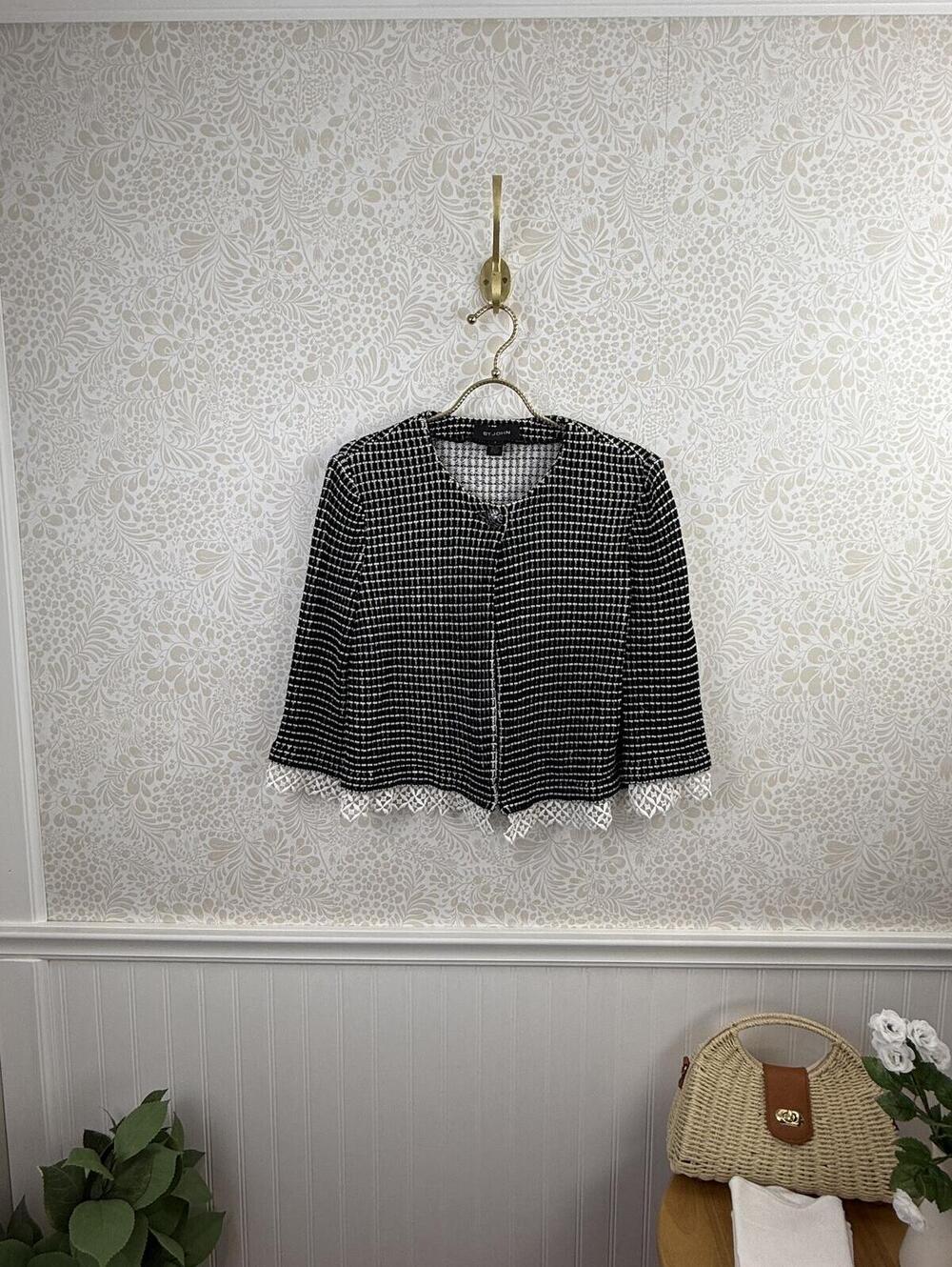 St. John Black and White Plaid Print Tweed Evening Jacket - Size - 6